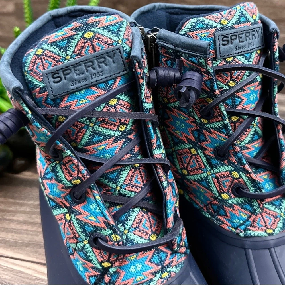 NIB Sperry Saltwater Serape Textile Geometric Navy Waterproof Duck Rain Boots - Picture 6 of 13
